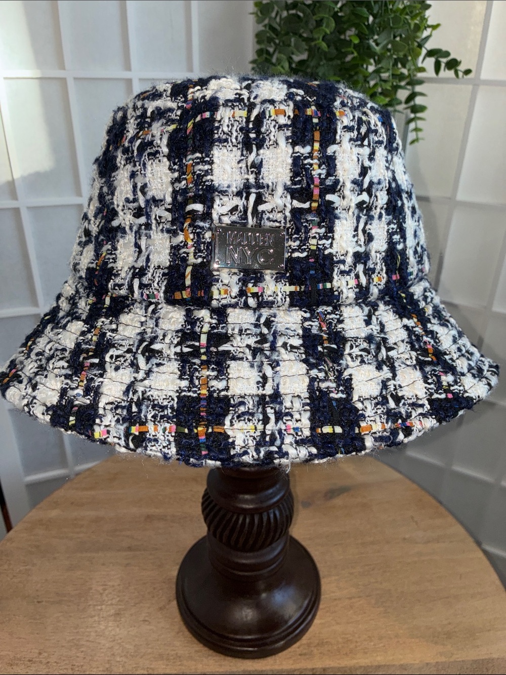 NEW Madden NYC Blue/White Tweed Bucket Hat w/ thin multi-colored pattern accent